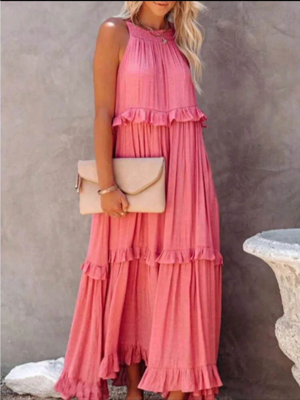 Boho Maxi Halter Ruffle Dress in Coral Pink - Picture 4 of 4